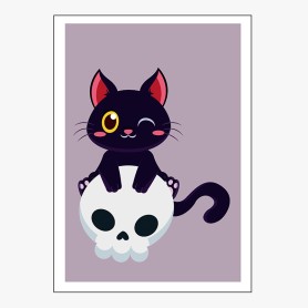 Affiche : Halloween petit chat sur son crâne Affiche : Halloween petit chat sur son crâne