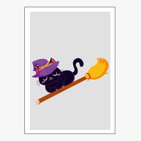 Affiche : Halloween petit chat sur son balai Affiche : Halloween petit chat sur son balai
