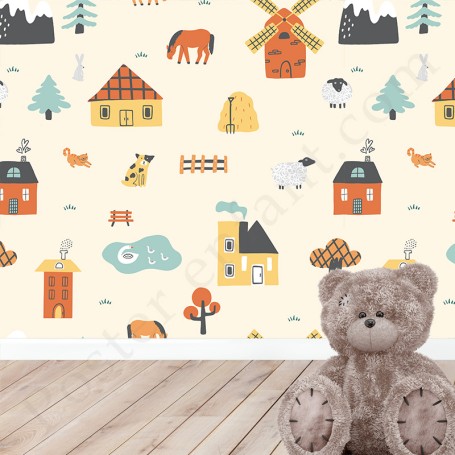 Papier peint : Petites maisons et animaux