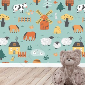 Papier peint : Petites maisons et animaux Papier peint : Petites maisons et animaux