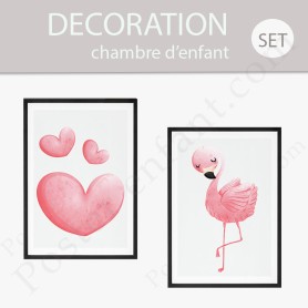 2 Affiches : Flamand rose et coeurs 2 Affiches : Flamand rose et coeurs