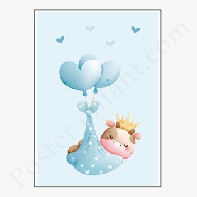 Affiche : Petite vache avec ballons et coeurs Affiche : Petite vache avec ballons et coeurs