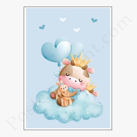 Affiche : Petite vache avec ballons sur son nuage Affiche : Petite vache avec ballons sur son nuage