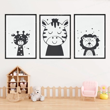 Posters pour enfant : Animaux de la savane : Lion - Zèbre - Girafe