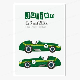 Affiche de naissance  : Voiture de course à personnaliser Affiche de naissance  : Voiture de course à personnaliser