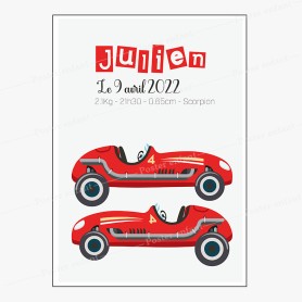 Affiche de naissance  : Voiture de course à personnaliser Affiche de naissance  : Voiture de course à personnaliser