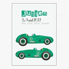 Affiche de naissance  : Voiture de course à personnaliser Affiche personnalisée de naissance  : Voiture de course