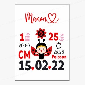 Affiche de naissance  : Coccinelle à personnaliser Affiche de naissance  : Coccinelle à personnaliser