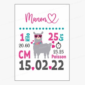 Affiche de naissance  : Lama à personnaliser Affiche de naissance  : Lama à personnaliser