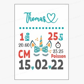 Affiche de naissance  : Licorne à personnaliser Affiche de naissance  : Licorne à personnaliser