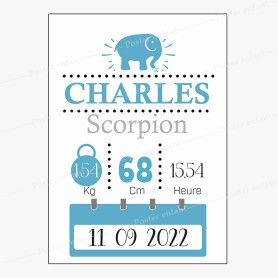 Affiche de naissance  : Eléphant à personnaliser Affiche de naissance  : Eléphant à personnaliser