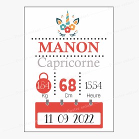 Affiche de naissance  : Licorne à personnaliser Affiche de naissance  : Licorne à personnaliser