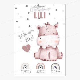 Affiche de naissance  : Hippopotame à personnaliser Affiche de naissance  : Hippopotame à personnaliser