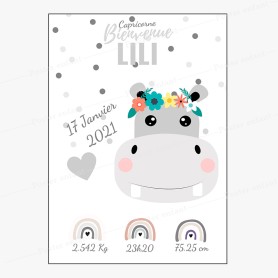 Affiche de naissance  : Hippopotame à personnaliser Affiche de naissance  : Hippopotame à personnaliser