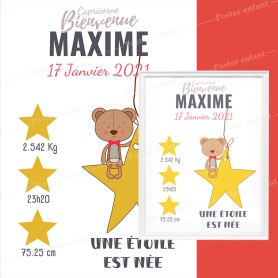 Affiche de naissance  : Ourson assis sur une étoile à personnaliser Affiche de naissance  : Ourson assis sur une étoile à personnaliser
