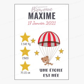 Affiche de naissance  : Ourson en parachute à personnaliser Affiche de naissance  : Ourson en parachute à personnaliser
