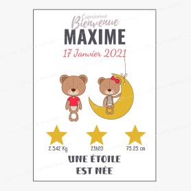 Affiche de naissance  : Ourson assis sur la lune à personnaliser Affiche de naissance  : Ourson assis sur la lune à personnaliser