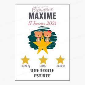 Affiche de naissance  : Ourson assis sur une étoile à personnaliser Affiche de naissance  : Ourson assis sur une étoile à personnaliser