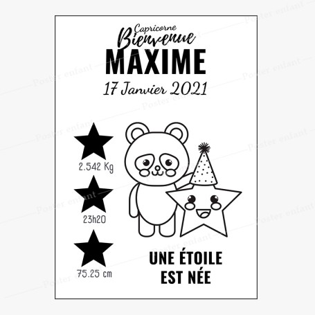 Affiche de naissance  : Ourson et son étoile à personnaliser