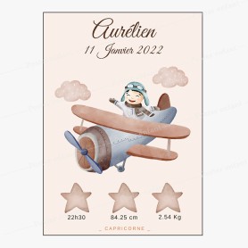 Affiche de naissance : Aviateur à personnaliser Affiche de naissance : Aviateur à personnaliser