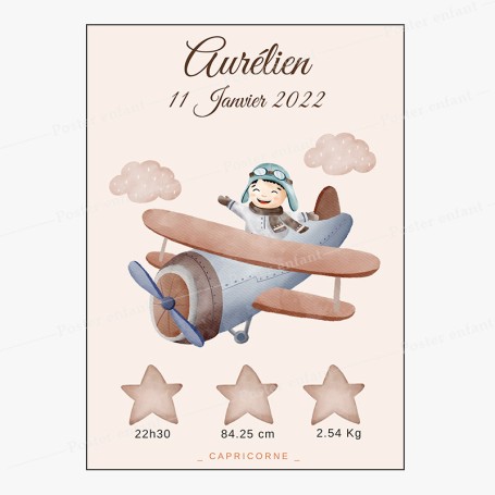 Affiche de naissance : Aviateur à personnaliser