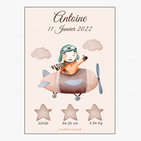 Affiche de naissance : Aviateur à personnaliser