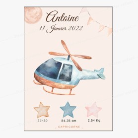 Affiche de naissance : hélicoptère à personnaliser Affiche de naissance : hélicoptère à personnaliser