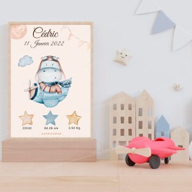 Affiche de naissance : Aviateur hippopotame à personnaliser Affiche aviateur hippopotame à personnaliser pour bébé