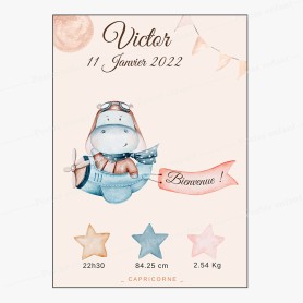 Affiche de naissance : Aviateur hippopotame à personnaliser Affiche de naissance : Aviateur hippopotame à personnaliser