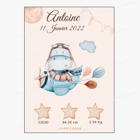Affiche de naissance : Aviateur hippopotame à personnaliser Affiche de naissance : Aviateur hippopotame à personnaliser
