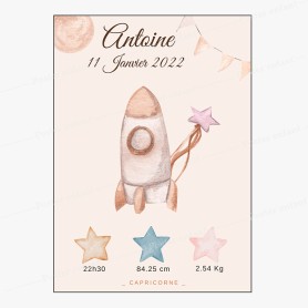 Affiche de naissance : fusée à personnaliser Affiche de naissance : fusée à personnaliser
