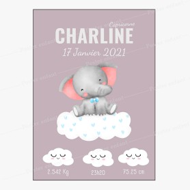 Affiche de naissance  : Eléphant à personnaliser Affiche de naissance  : Eléphant à personnaliser