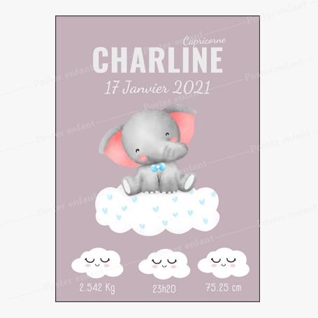 Affiche de naissance  : Eléphant à personnaliser