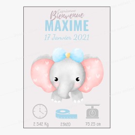 Affiche de naissance  : Eléphant à personnaliser Affiche de naissance  : Eléphant à personnaliser