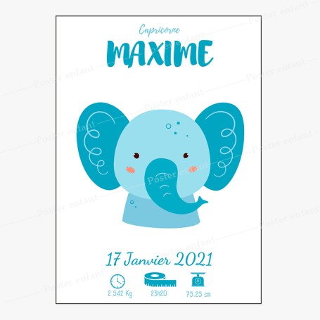 Affiche de naissance  : Eléphant à personnaliser