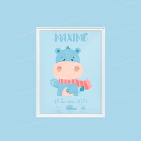 Affiche de naissance  : Hippopotame à personnaliser Affiche de naissance  : Hippopotame à personnaliser