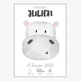 Affiche de naissance  : Hippopotame à personnaliser Affiche de naissance  : Hippopotame à personnaliser