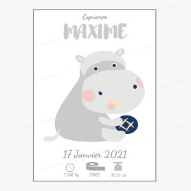 Affiche de naissance  : Hippopotame à personnaliser Affiche de naissance  : Hippopotame à personnaliser