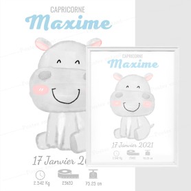 Affiche de naissance  : Hippopotame à personnaliser Affiche de naissance  : Hippopotame à personnaliser
