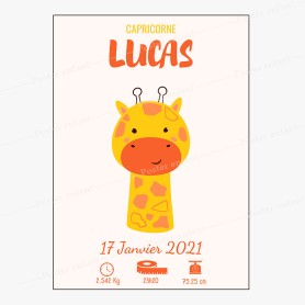 Affiche de naissance  : Girafe à personnaliser Affiche de naissance  : Girafe à personnaliser