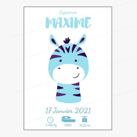 Affiche de naissance  : Zèbre à personnaliser Affiche de naissance  : Zèbre à personnaliser