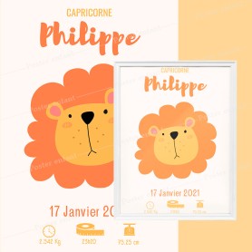 Affiche de naissance  : Lion à personnaliser Affiche de naissance  : Lion à personnaliser