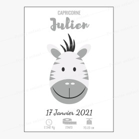 Affiche de naissance  : Zèbre à personnaliser Poster de naissance