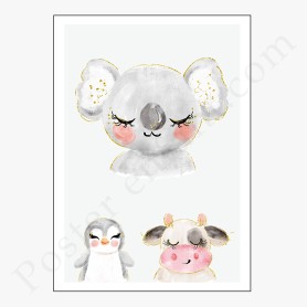 Affiche 3 Petites têtes : ourson, vache, pingouin avec paillettes dorées Affiche 3 Petites têtes : ourson, vache, pingouin avec paillettes dorées
