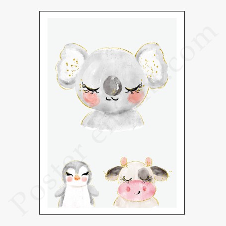 Affiche 3 Petites têtes : ourson, vache, pingouin avec paillettes dorées