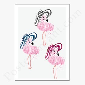 Affiche 3 flamants rose avec drôle de chapeau Affiche 3 flamants rose avec drôle de chapeau