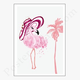 Affiche flamant rose avec drôle de chapeau violine Affiche flamant rose avec drôle de chapeau violine