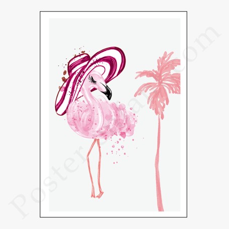 Affiche flamant rose avec drôle de chapeau violine