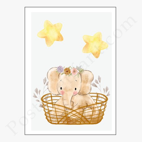 Affiche Adorable bébé éléphant dans son panier