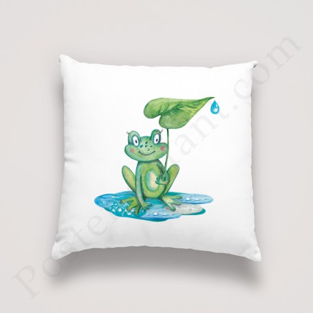 Coussin déco : Amusante petite grenouille sous son parapluie